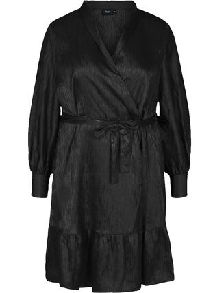 Mønstret wrap kjole med lange ærmer, Black, Packshot image number 0