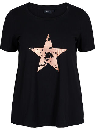 Kortærmet bomulds t-shirt med tryk, Black w. star copper, Packshot image number 0