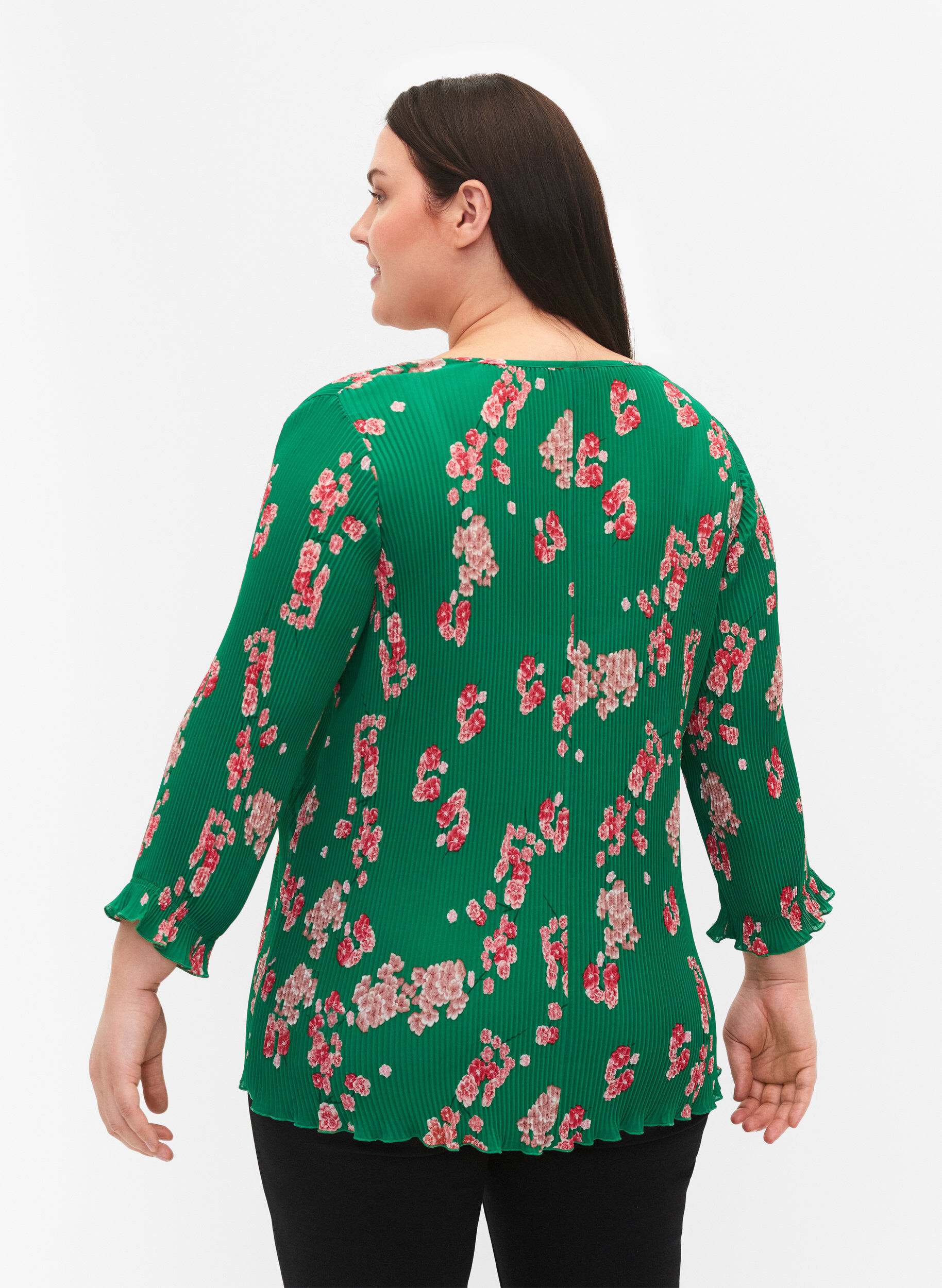 Zizzi Plisseret bluse med 3/4 &aelig;rmer, Jolly Green Flower, Model image number 1