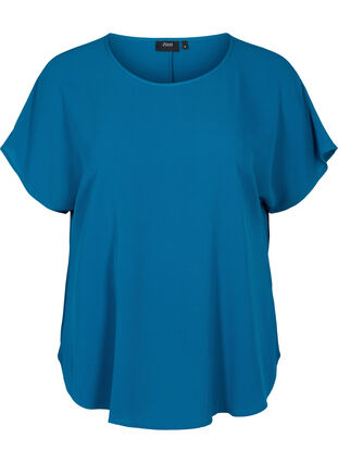 Bluse med korte ærmer og rund halsudskæring, Moroccan Blue, Packshot image number 0