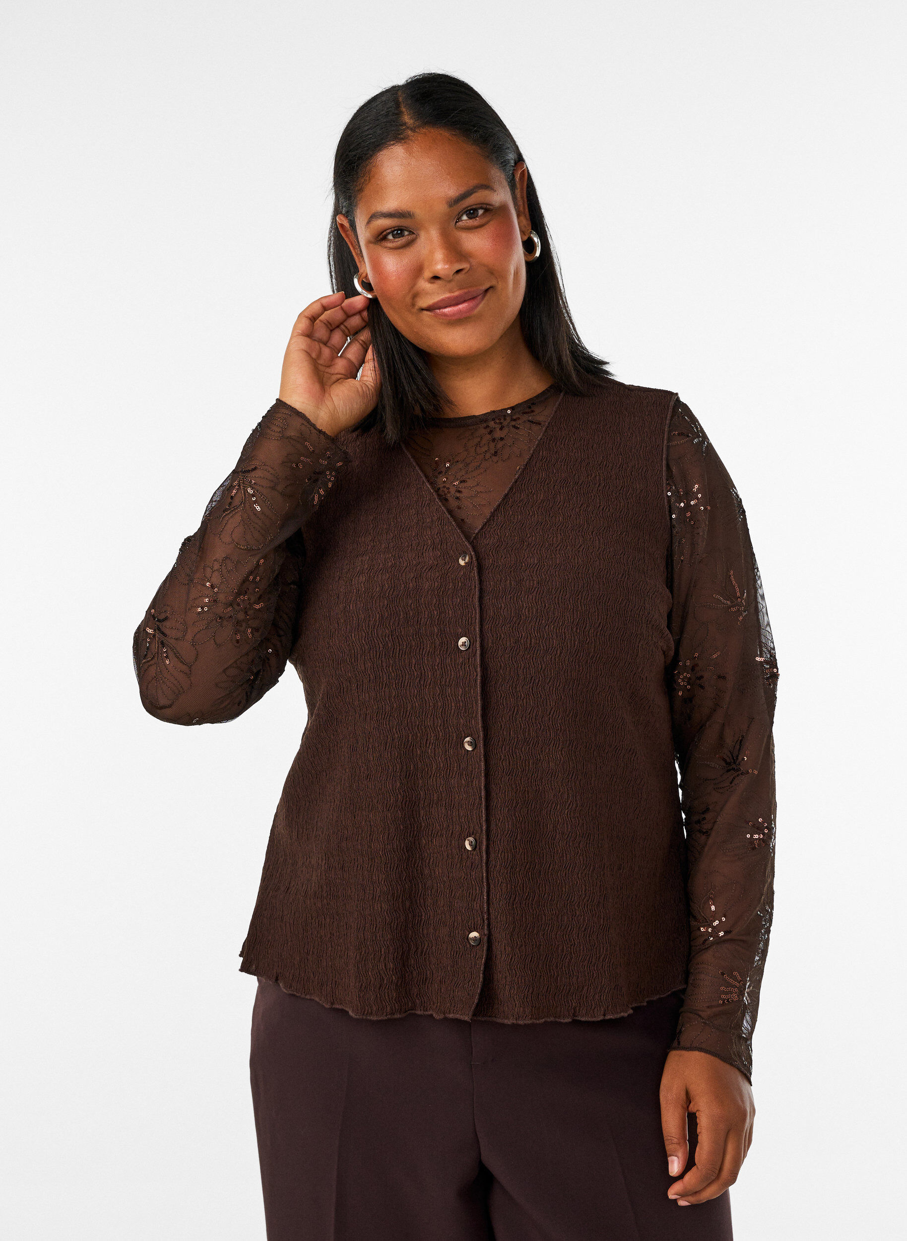 ZizziMeshbluse med blomster og pailletter, Brun, Model image number 0