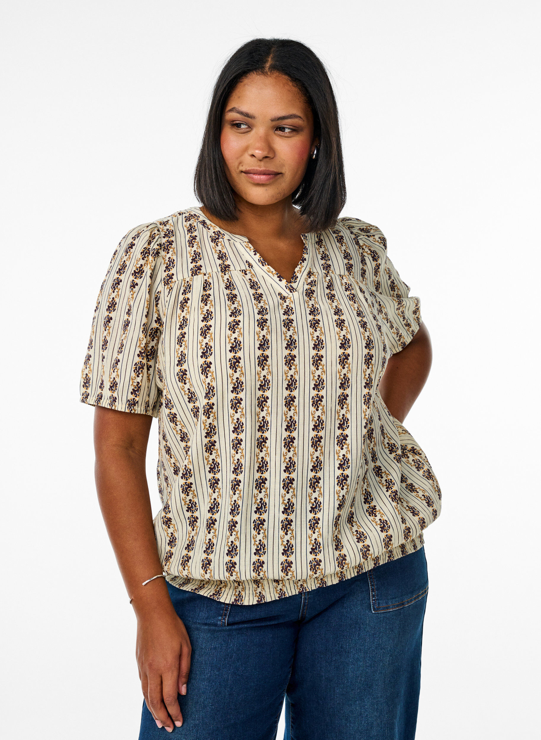 Bluse med print og smockkant, Egret AOP, Model
