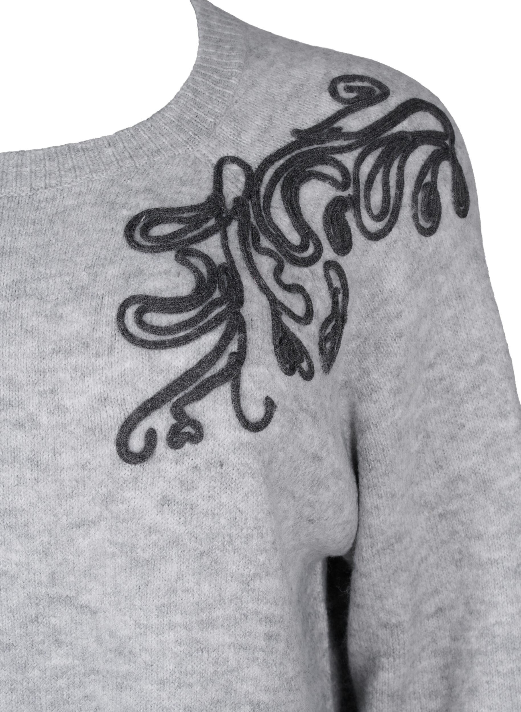 Zizzi Strikbluse med dekorativt m&oslash;nster , Light Grey Melange, Packshot image number 2