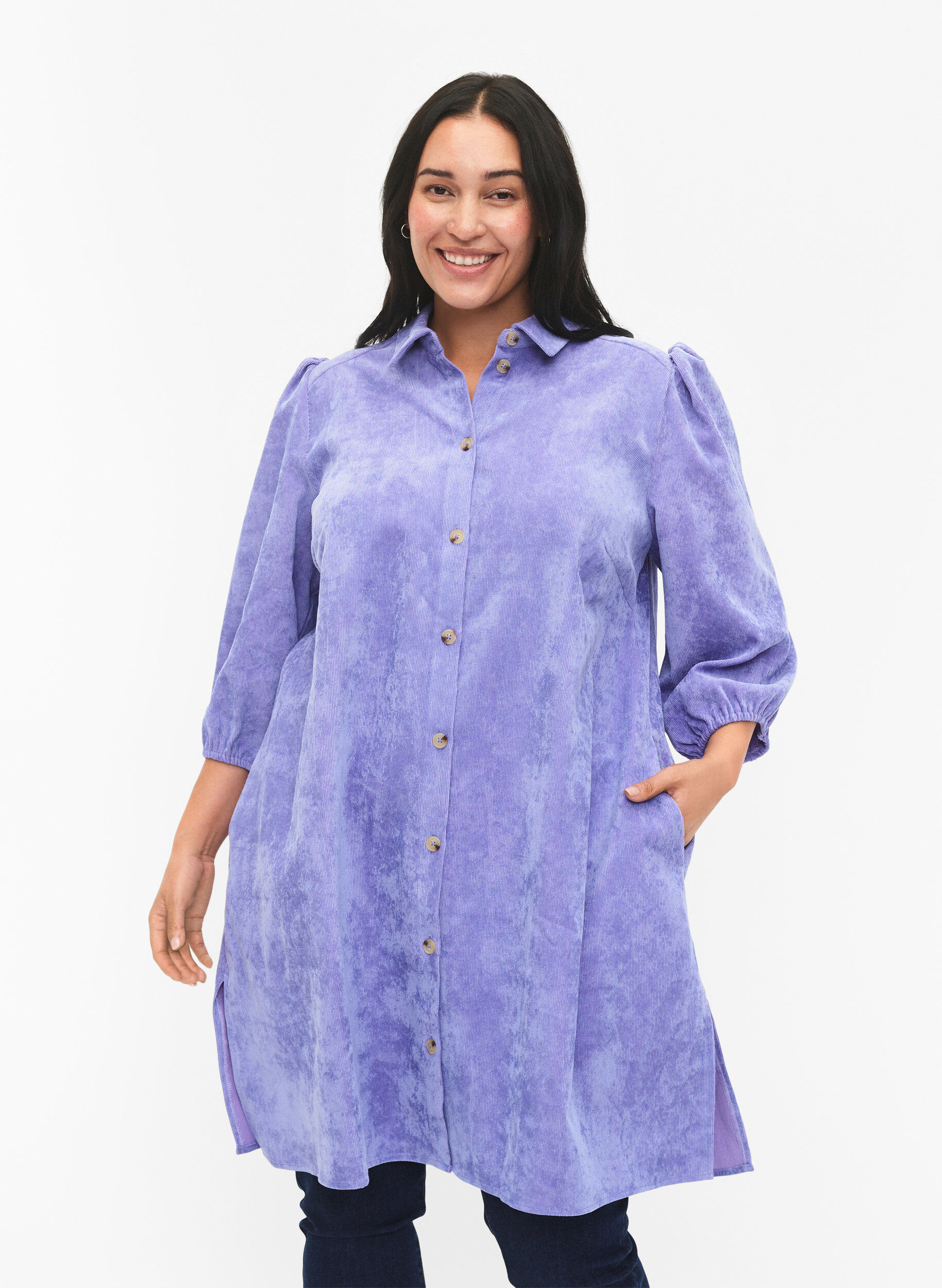 Zizzi Fl&oslash;jlskjole med 3/4 &aelig;rmer og knapper, Lavender Violet, Model image number 0