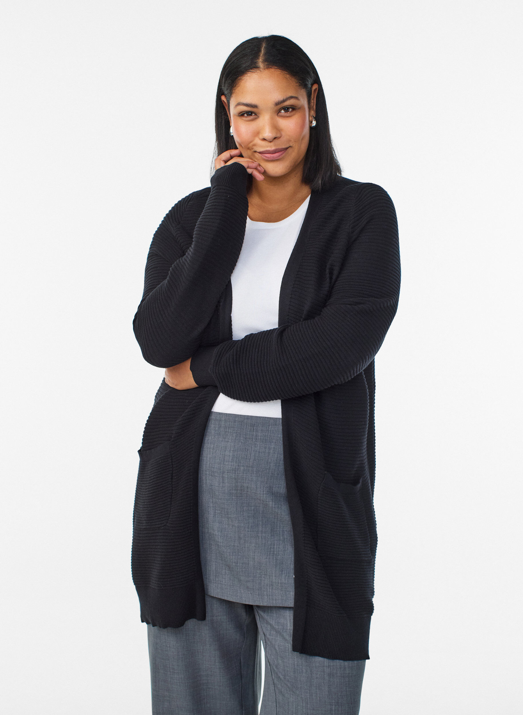 Zizzi Lang ribstrikket cardigan i bomuld, Sort, Model image number 0