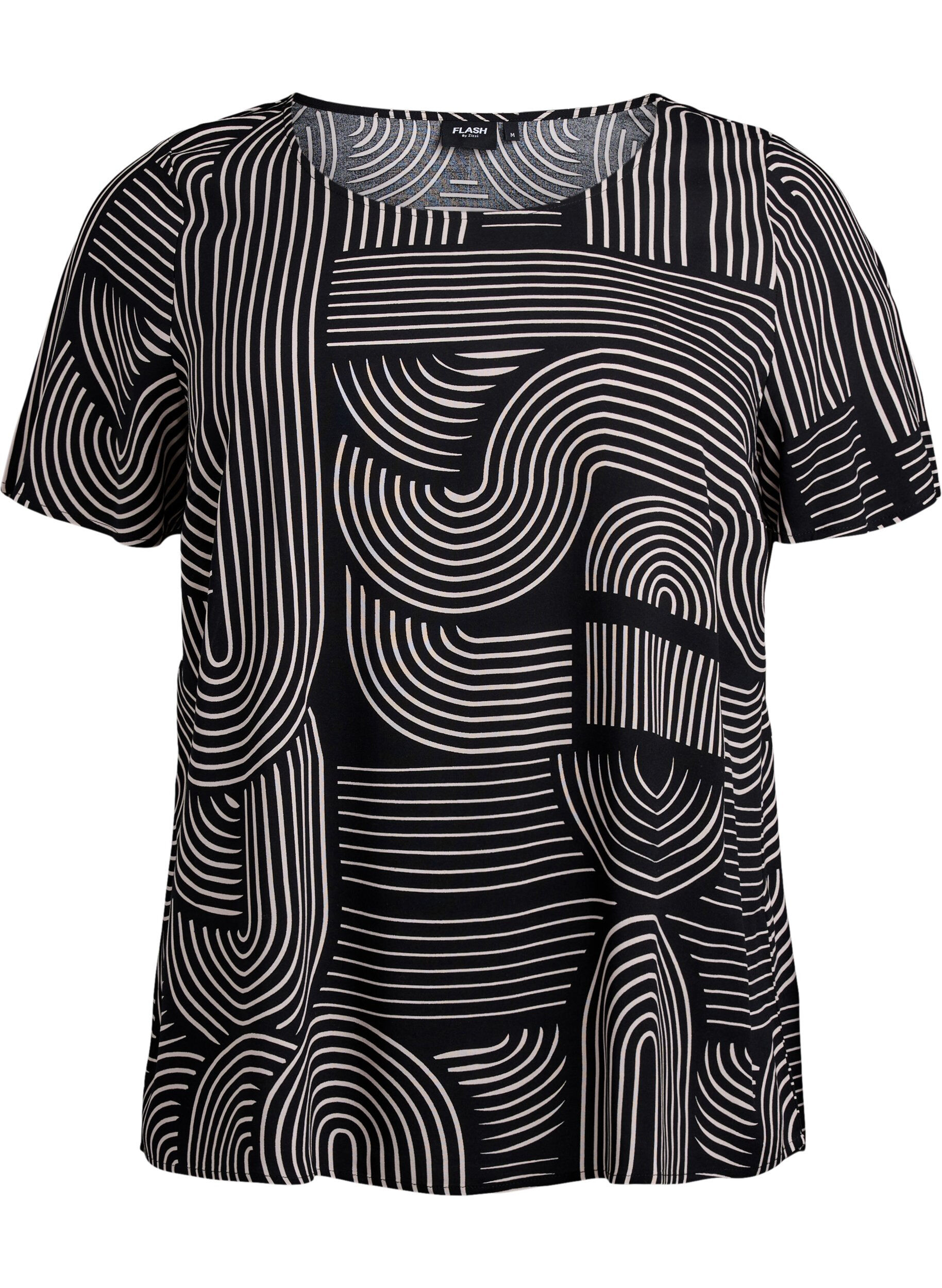 Zizzi Kort&aelig;rmet bluse i viskose med print, Sort, Packshot image number 0