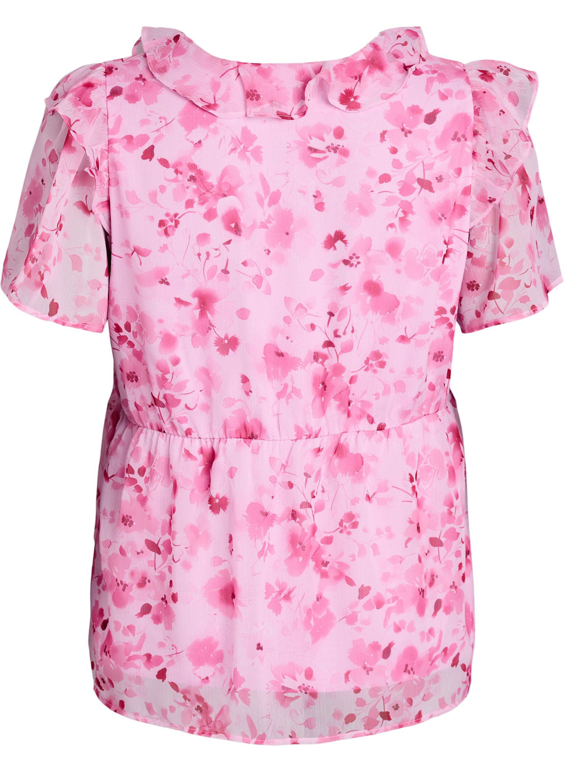 ZizziBlomstret bluse med fl&aelig;sekrave og peplum-effekt, Lyser&oslash;d, Packshot image number 1