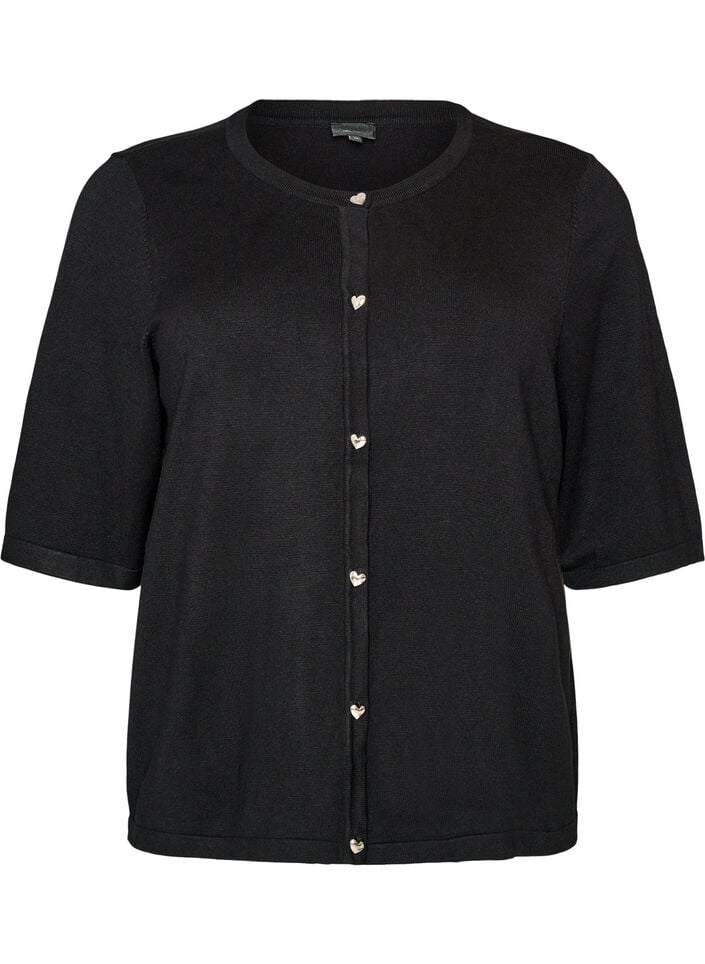 Strikket cardigan med hjerteknapper og korte &aelig;rmer, Sort, Packshot image number 0