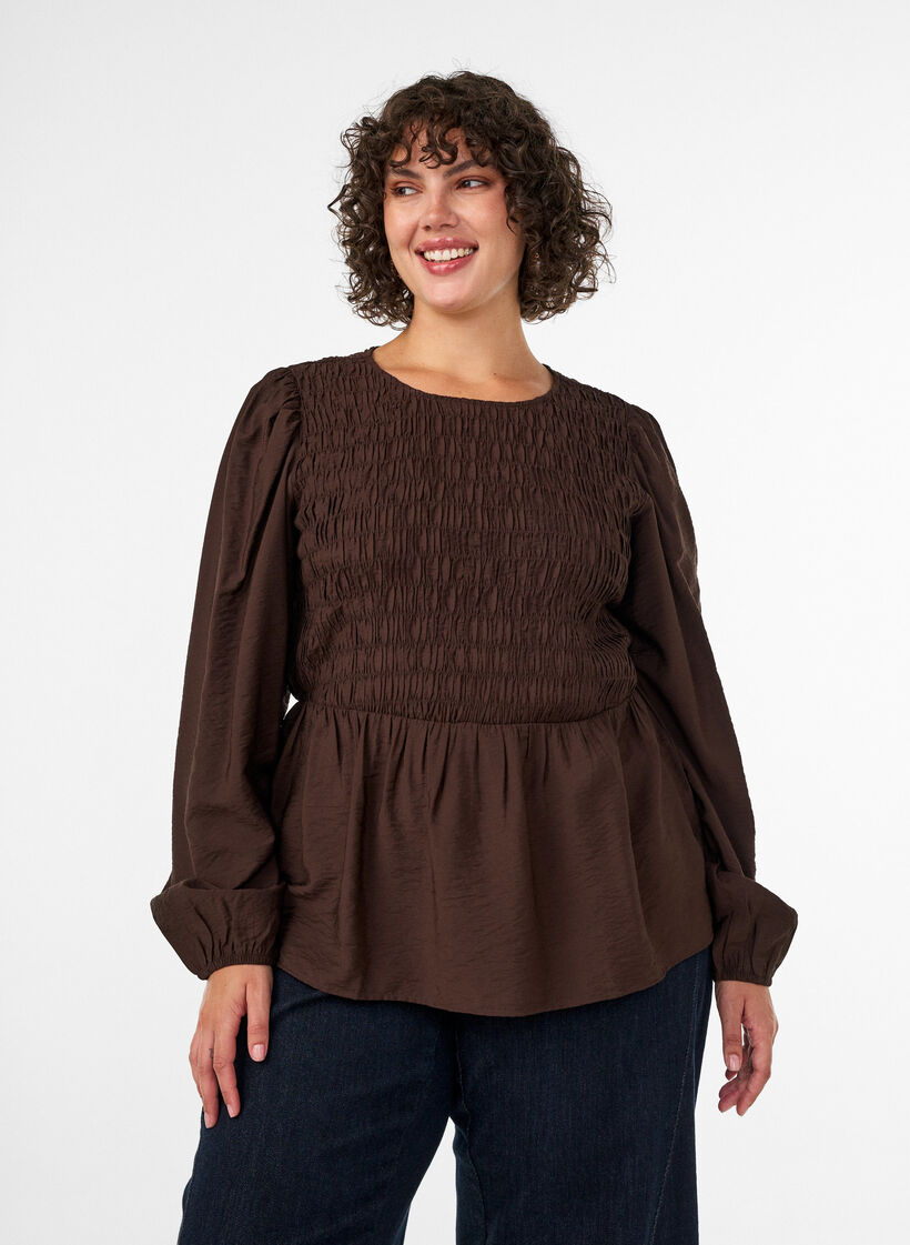 Bluse med smock og lange &aelig;rmer, Brun, Model image number 0