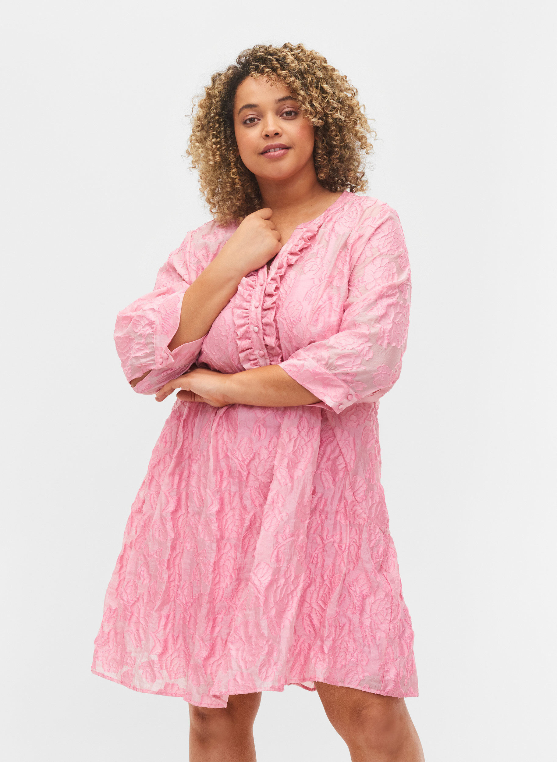Zizzi Jacquard kjole med fl&aelig;ser og a-shape, Cashmere Rose, Model image number 0