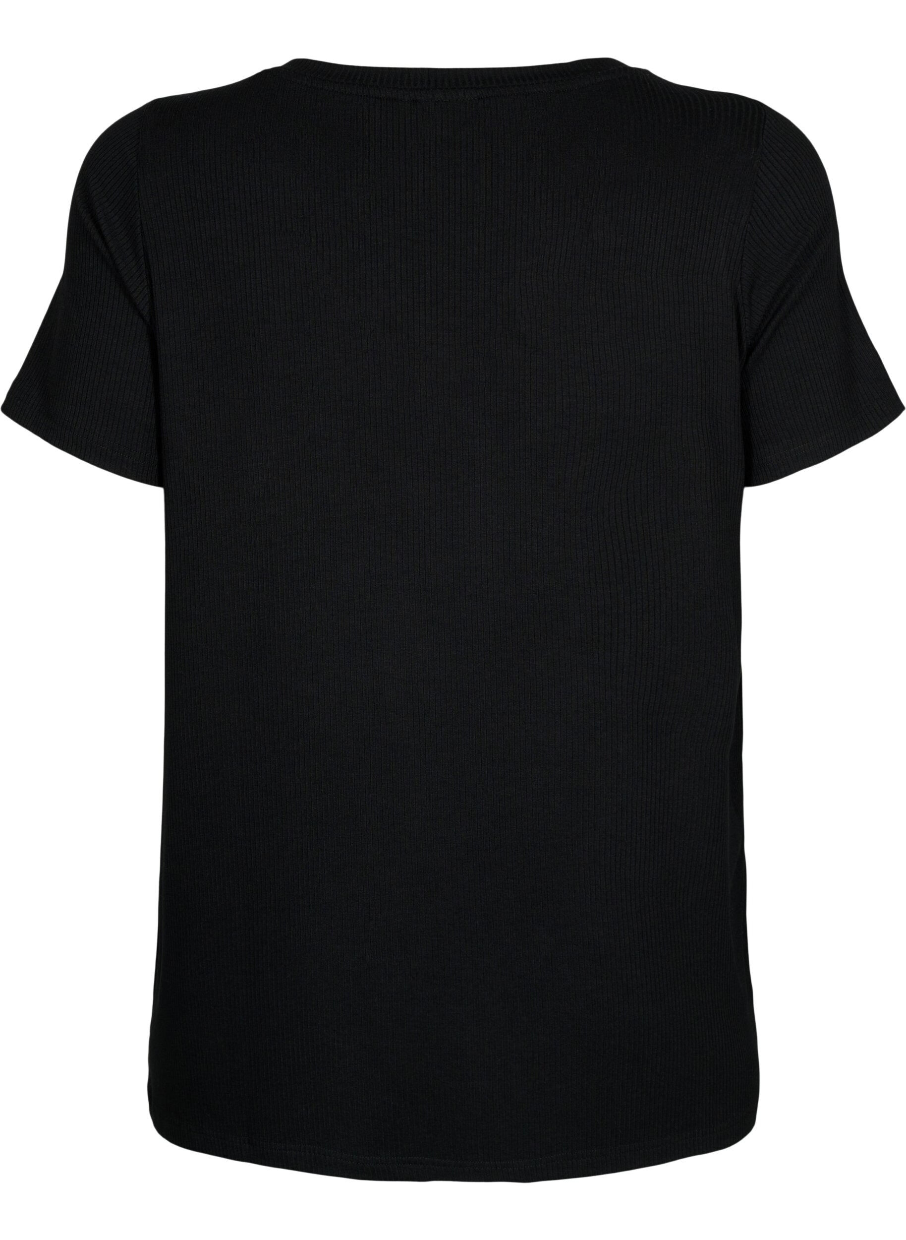 Zizzi Viskose t-shirt med ribstruktur og v-hals, Black, Packshot image number 1