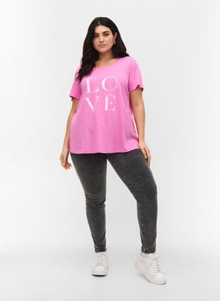 Bomulds t-shirt med print, Cyclamen LOVE, Model image number 2