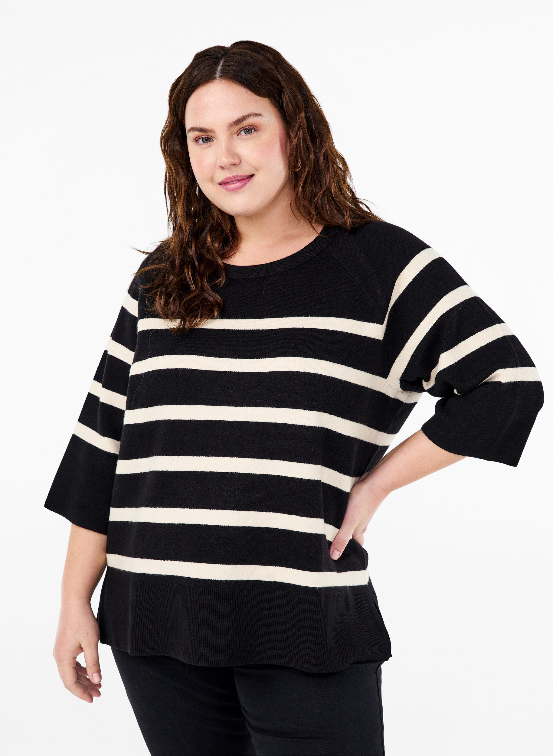 Zizzi 3/4 &aelig;rmet strikbluse med striber, Black Birch Stripes, Model image number 0