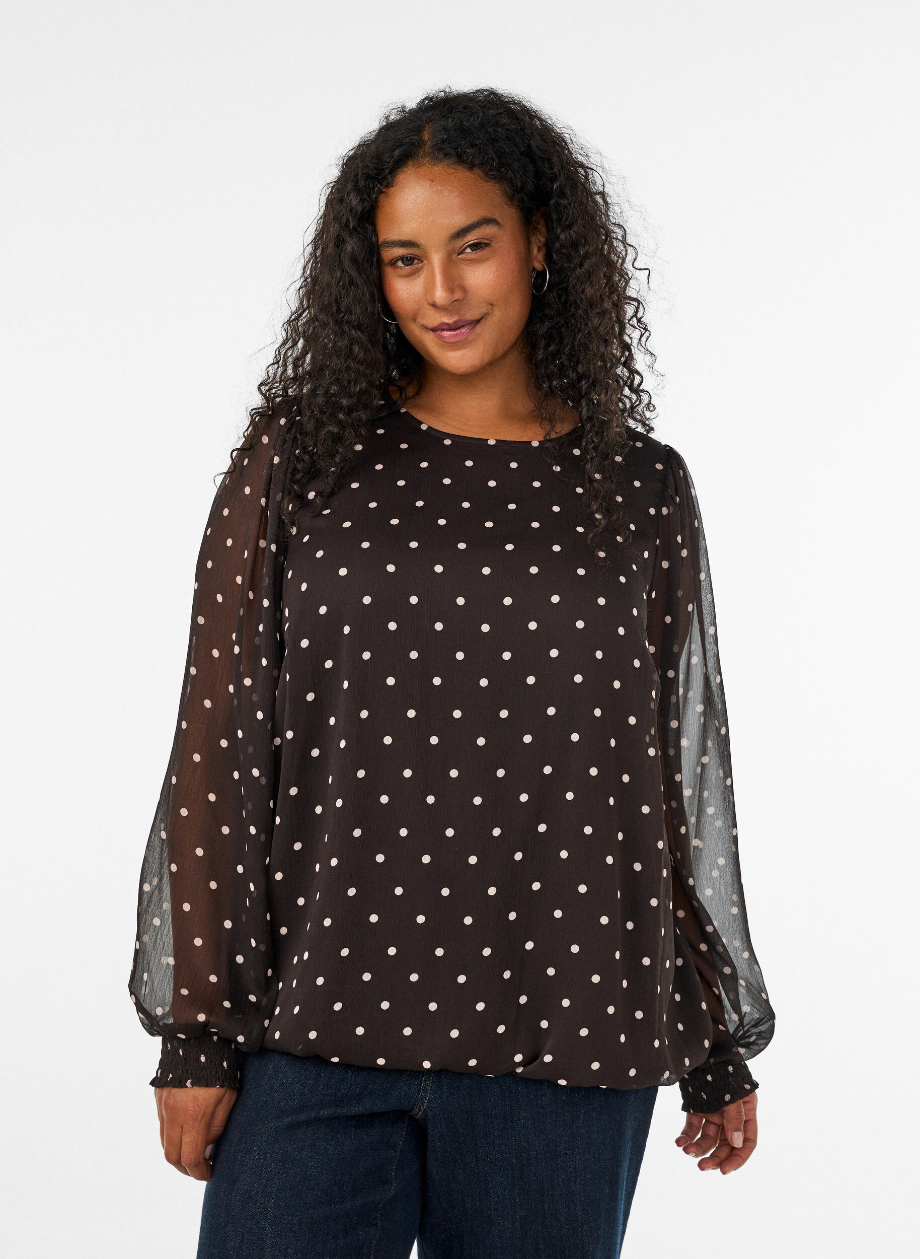 ZizziPrikket chiffonbluse med transparente &aelig;rmer, Brun, Model image number 0