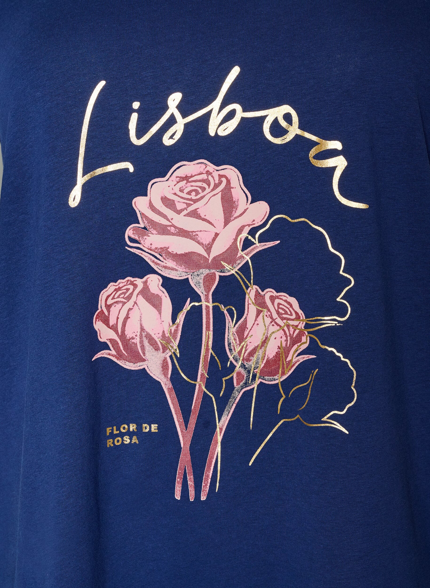 ZizziT-shirt i bomuld med frontprint og V-hals, Bl&aring;, Packshot image number 2