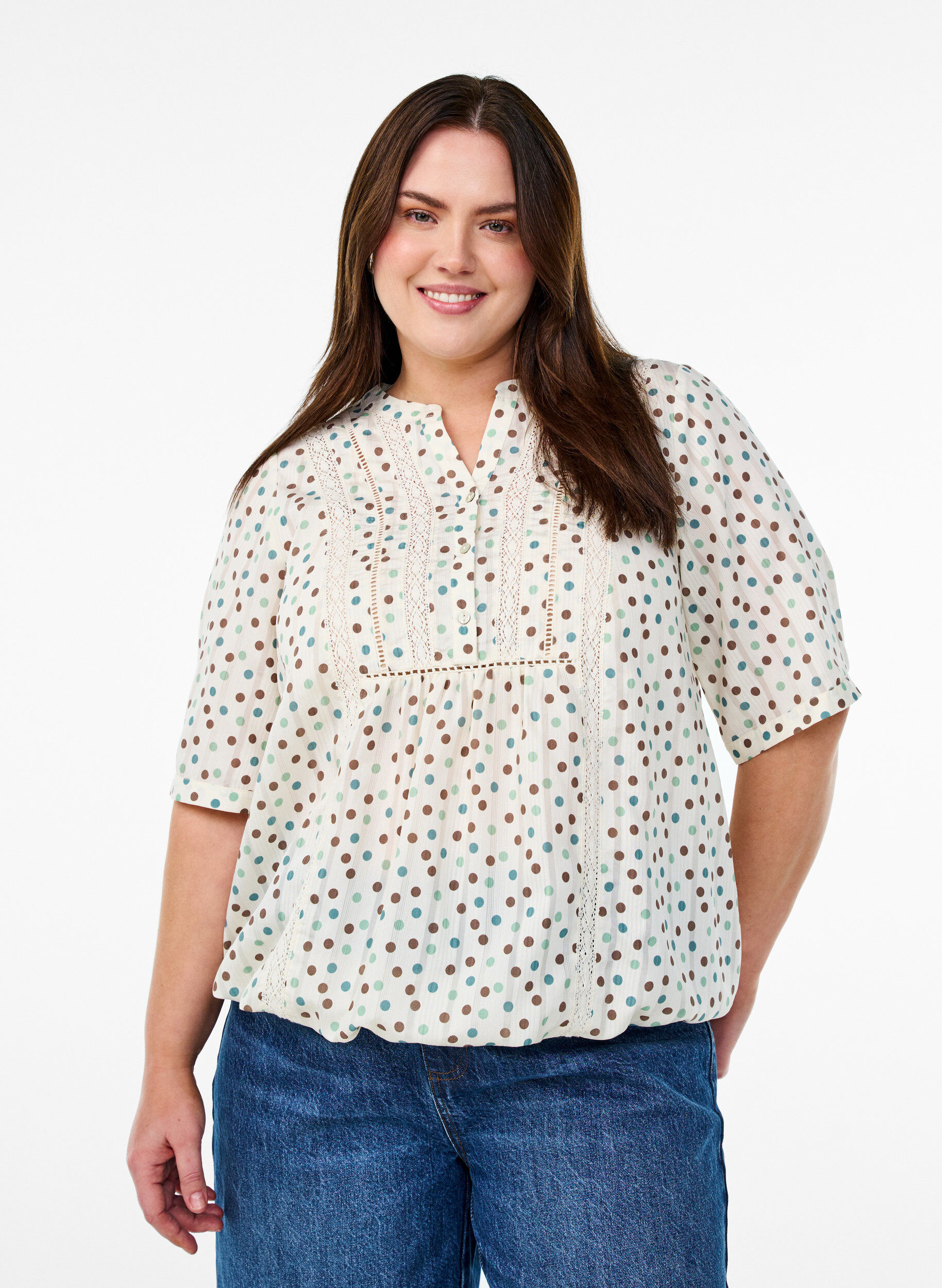 ZizziBluse med print og 1/2 &aelig;rmer, Hvid, Model image number 0