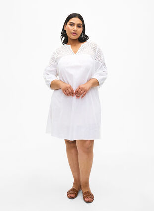 Kjole i bomuldsmix med hør og crochetdetalje, Bright White, Model image number 2