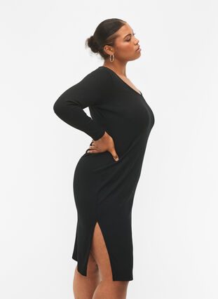 Tætsiddende kjole med lange ærmer og slids, Black, Model image number 2