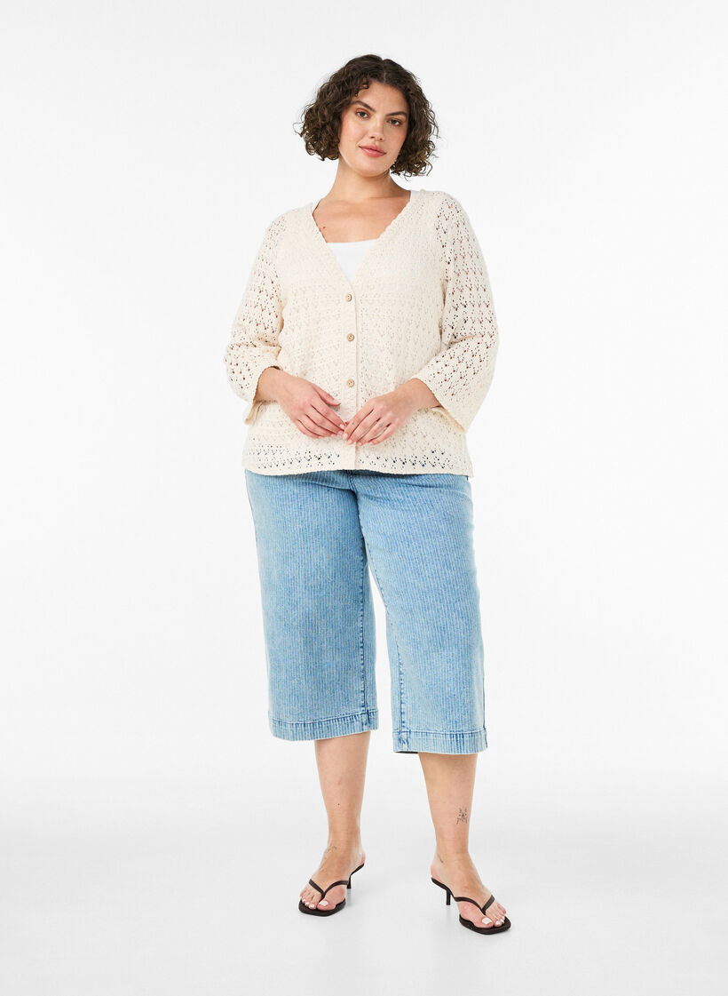 Strikket cardigan med hulm&oslash;nster og V-udsk&aelig;ring, Beige, Model image number 1