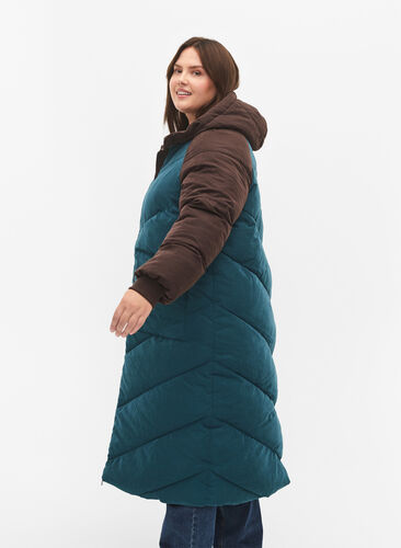 Lang colorblock vinterjakke med hætte, Deep Teal Comb, Model image number 2