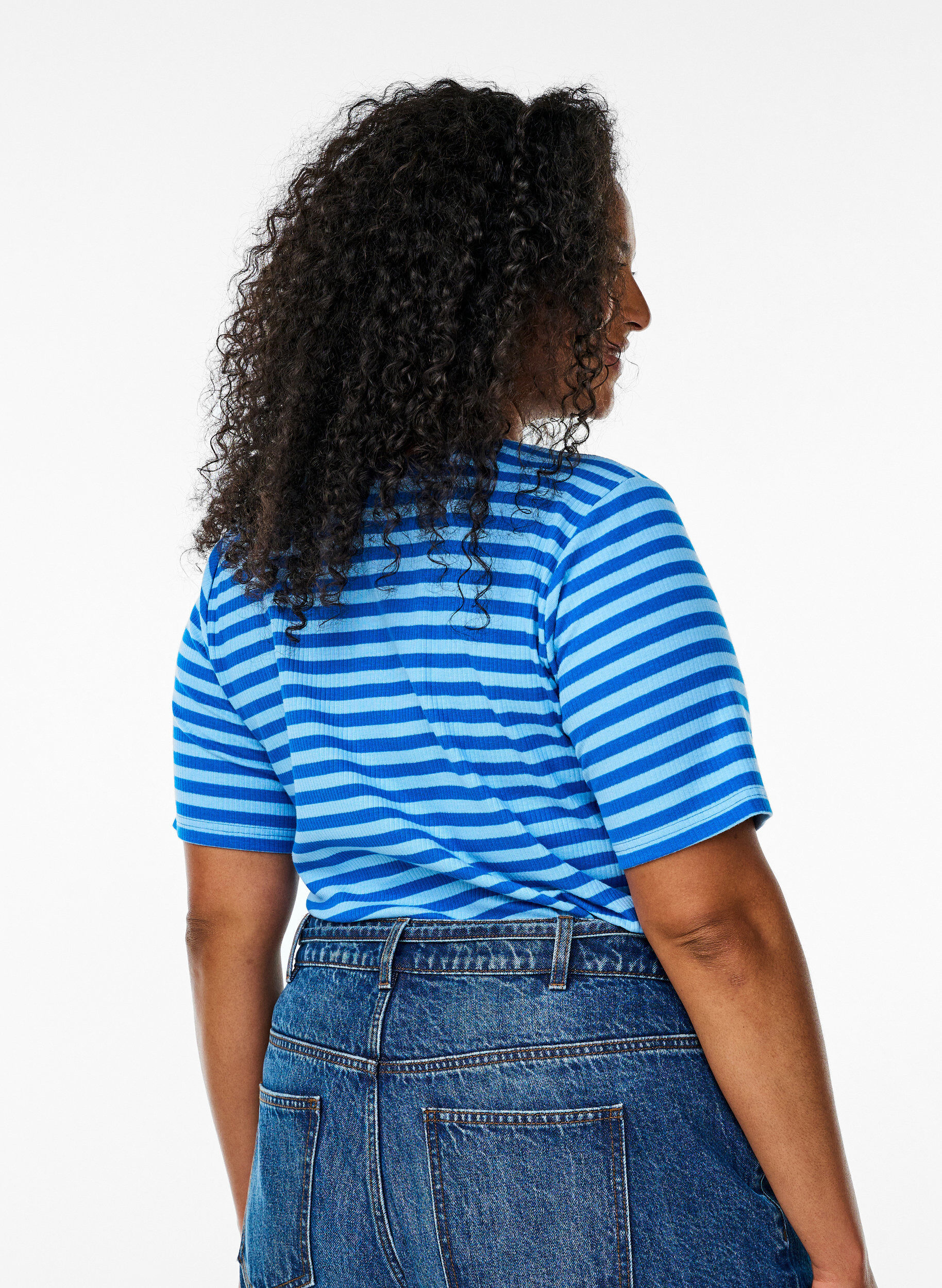 Zizzi Stribet t-shirt med ribstruktur, Bl&aring;, Model image number 2