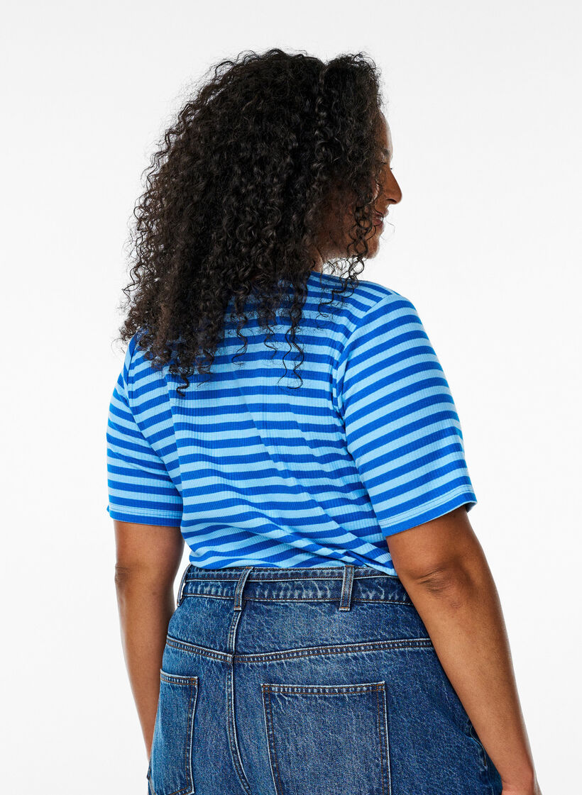 Stribet t-shirt med ribstruktur, Blå, Model image number 2