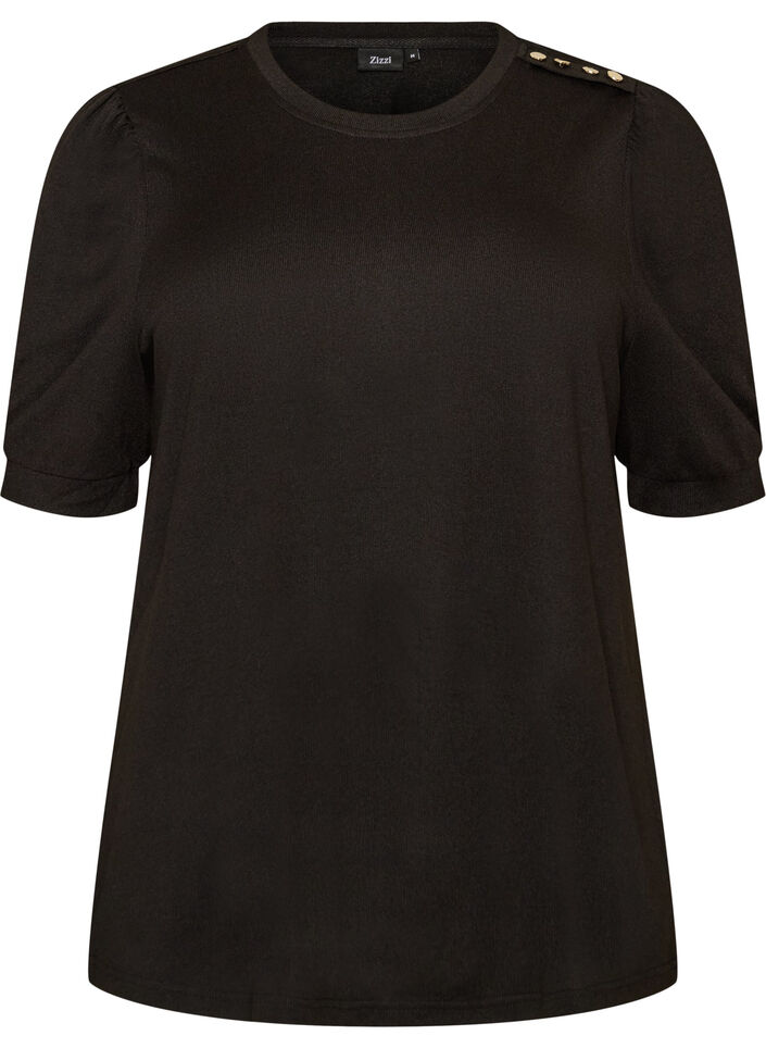 Bluse med knapdetalje og korte puf&aelig;rmer, Sort, Packshot image number 0