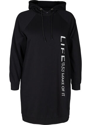 Lang sweatshirt med hætte og printdetaljer, Black, Packshot image number 0