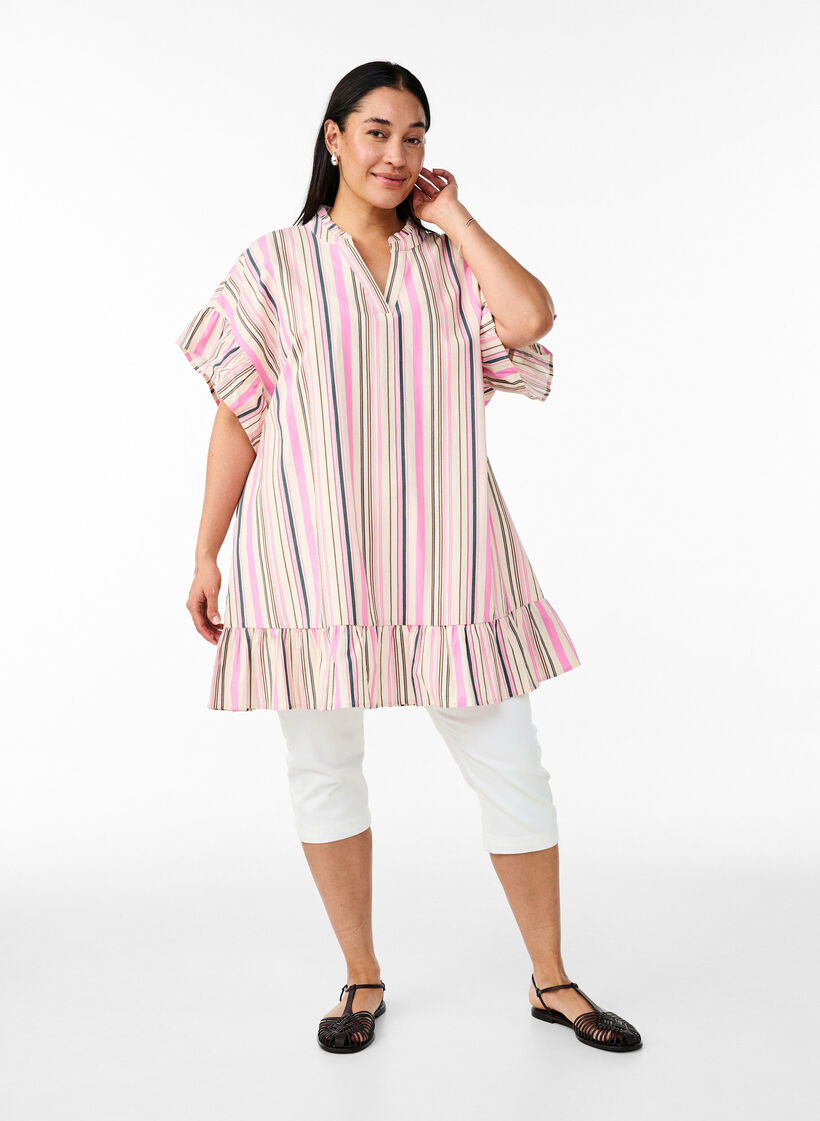 Tunika med V-udskæring og flæsedetaljer, Vanilla, Model image number 1