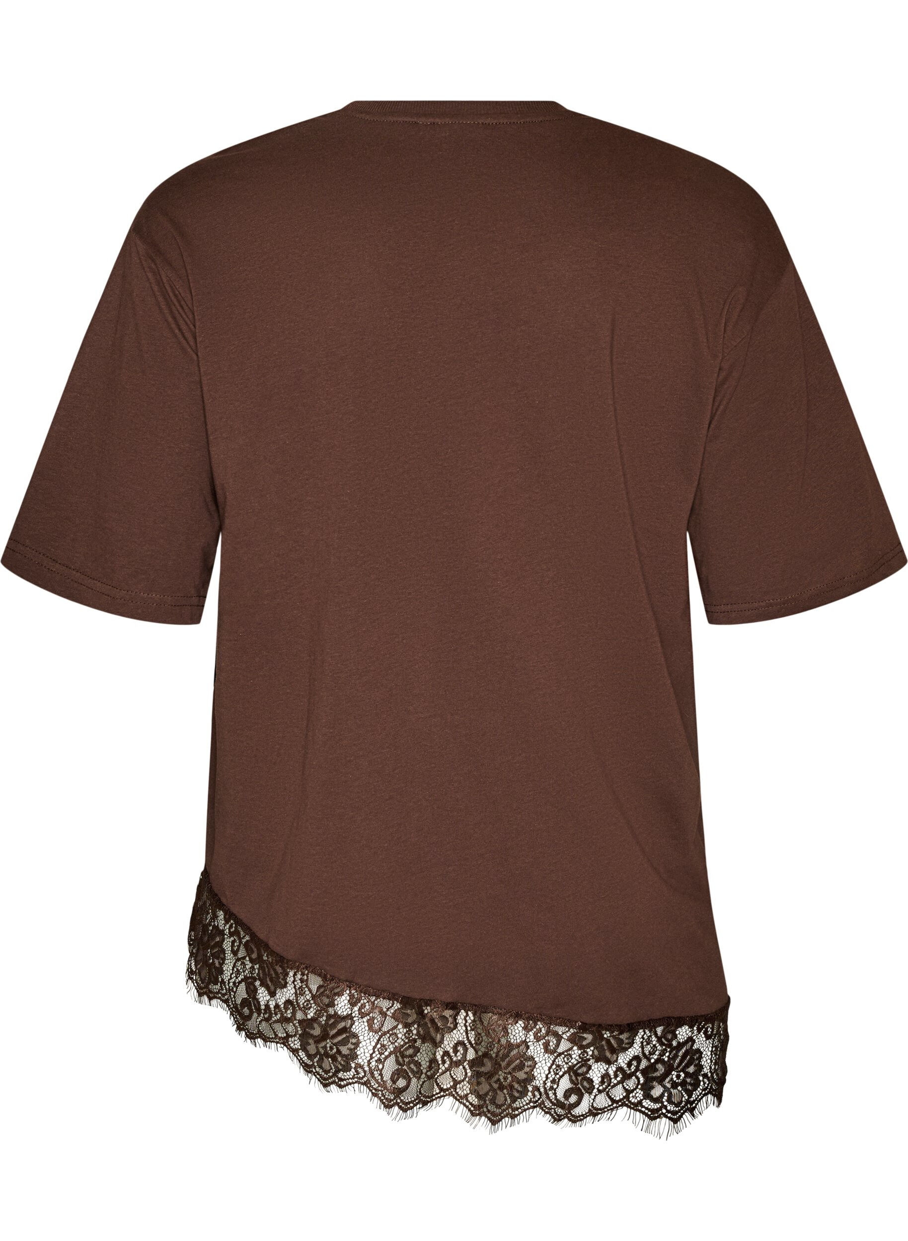 ZizziT-shirt med asymmetrisk blondekant, Brun, Packshot image number 1