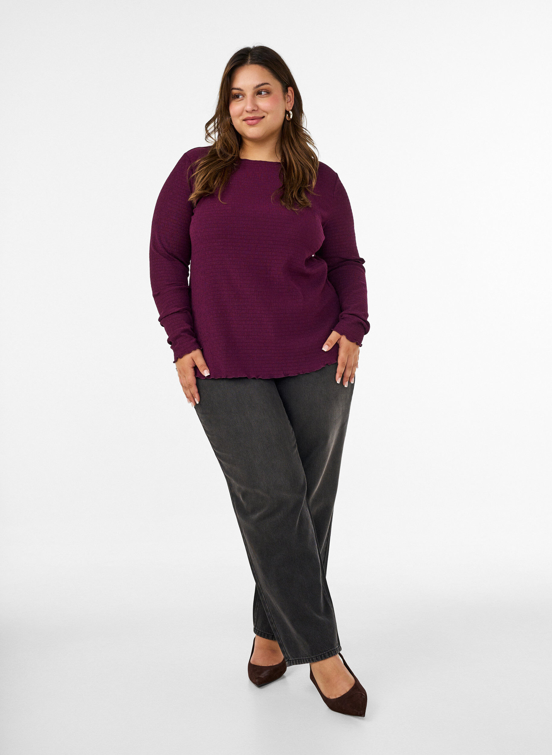 ZizziBluse med struktur og b&oslash;lgede kanter, Lilla, Model image number 1