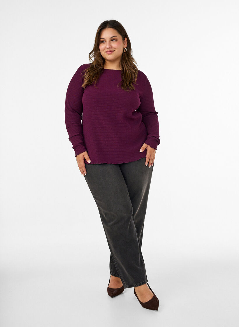 Bluse med struktur og b&oslash;lgede kanter, Lilla, Model image number 1