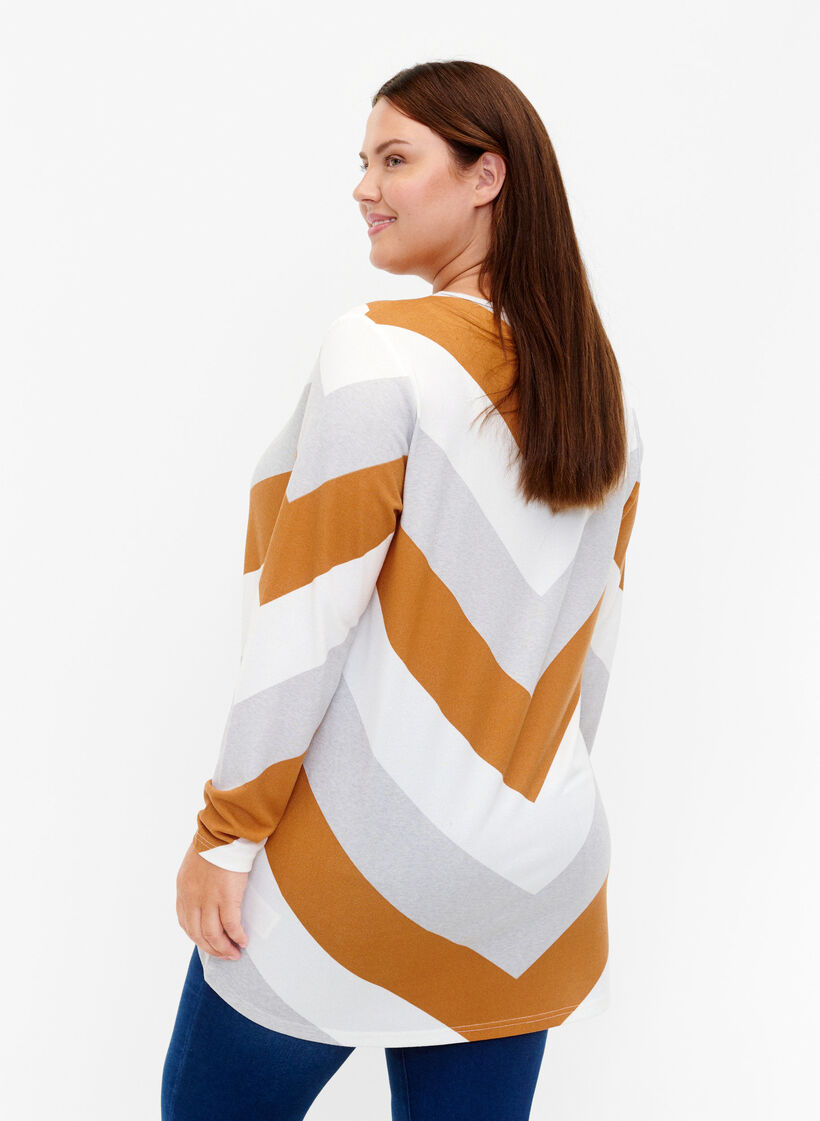 Mønstret bluse med lange ærmer, Beige Zig Zag, Model image number 1