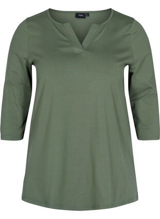 Ensfarvet bomulds bluse med 3/4 ærmer og slids, Thyme, Packshot image number 0