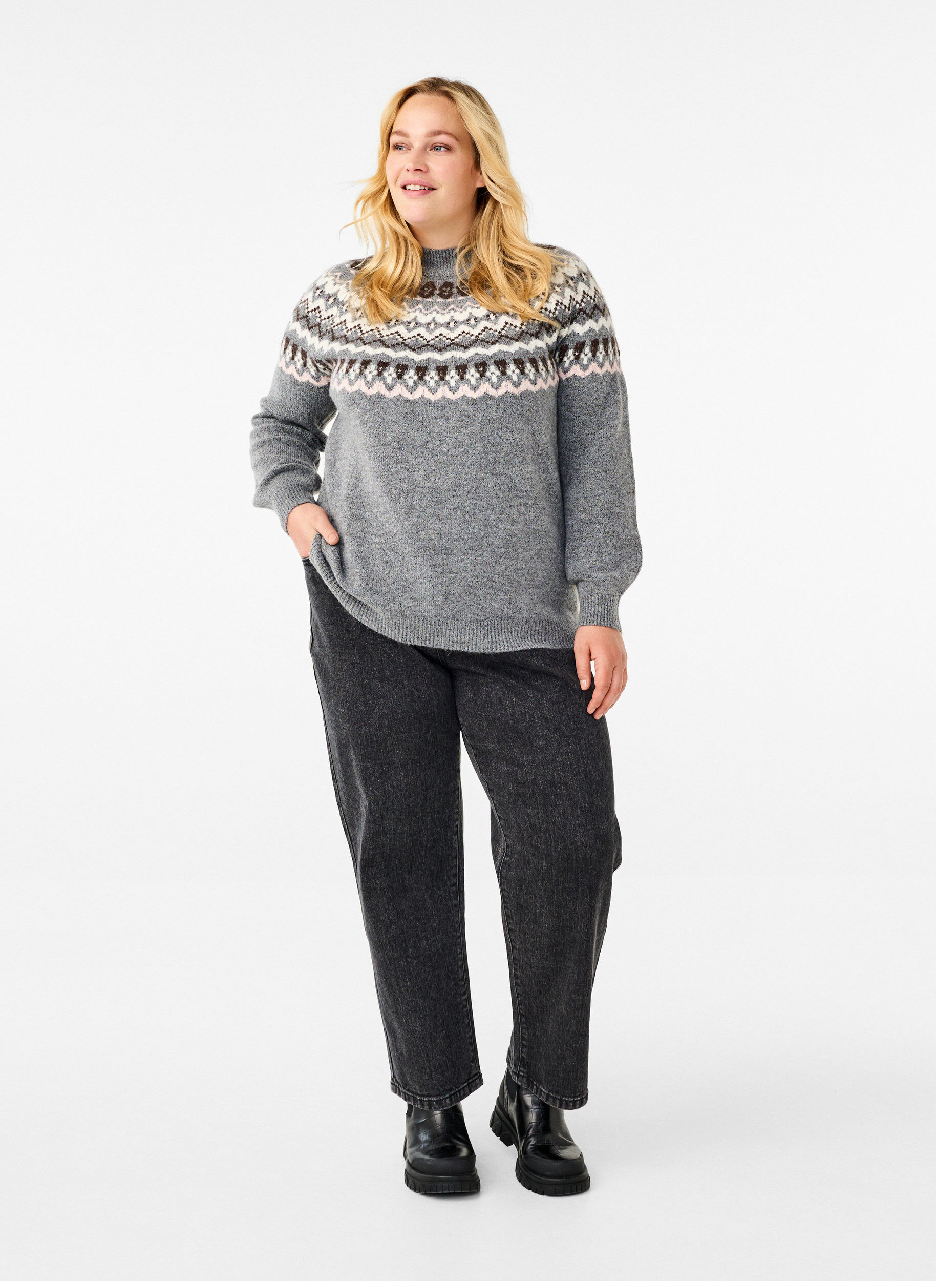 Zizzi Strikbluse med m&oslash;nster og lange &aelig;rmer, Medium Grey Comb, Model image number 2