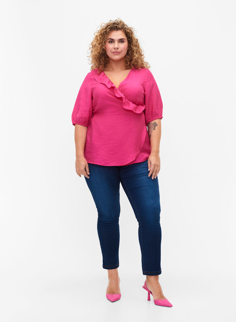 Wrap bluse i viskose med 1/2 ærmer, Beetroot Purple, Model image number 2