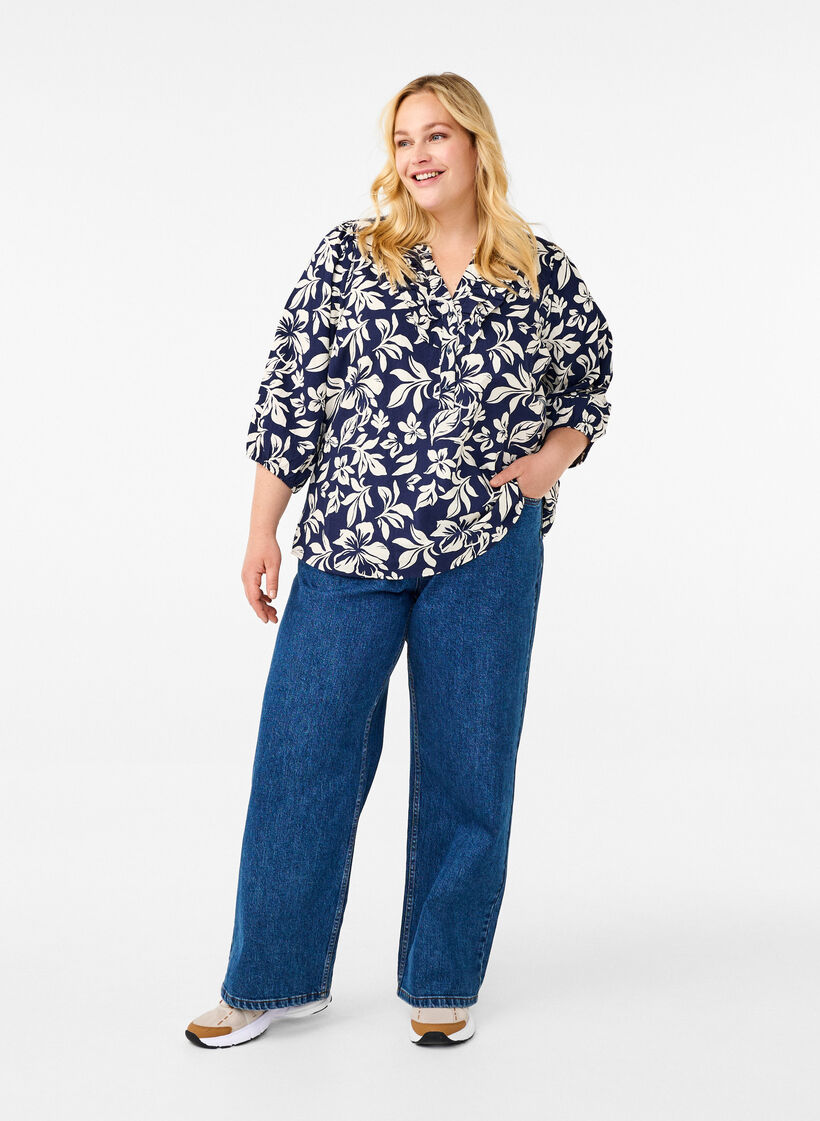 3/4 ærmet bluse i bomuld med print, Naval Academy Flower, Model image number 2