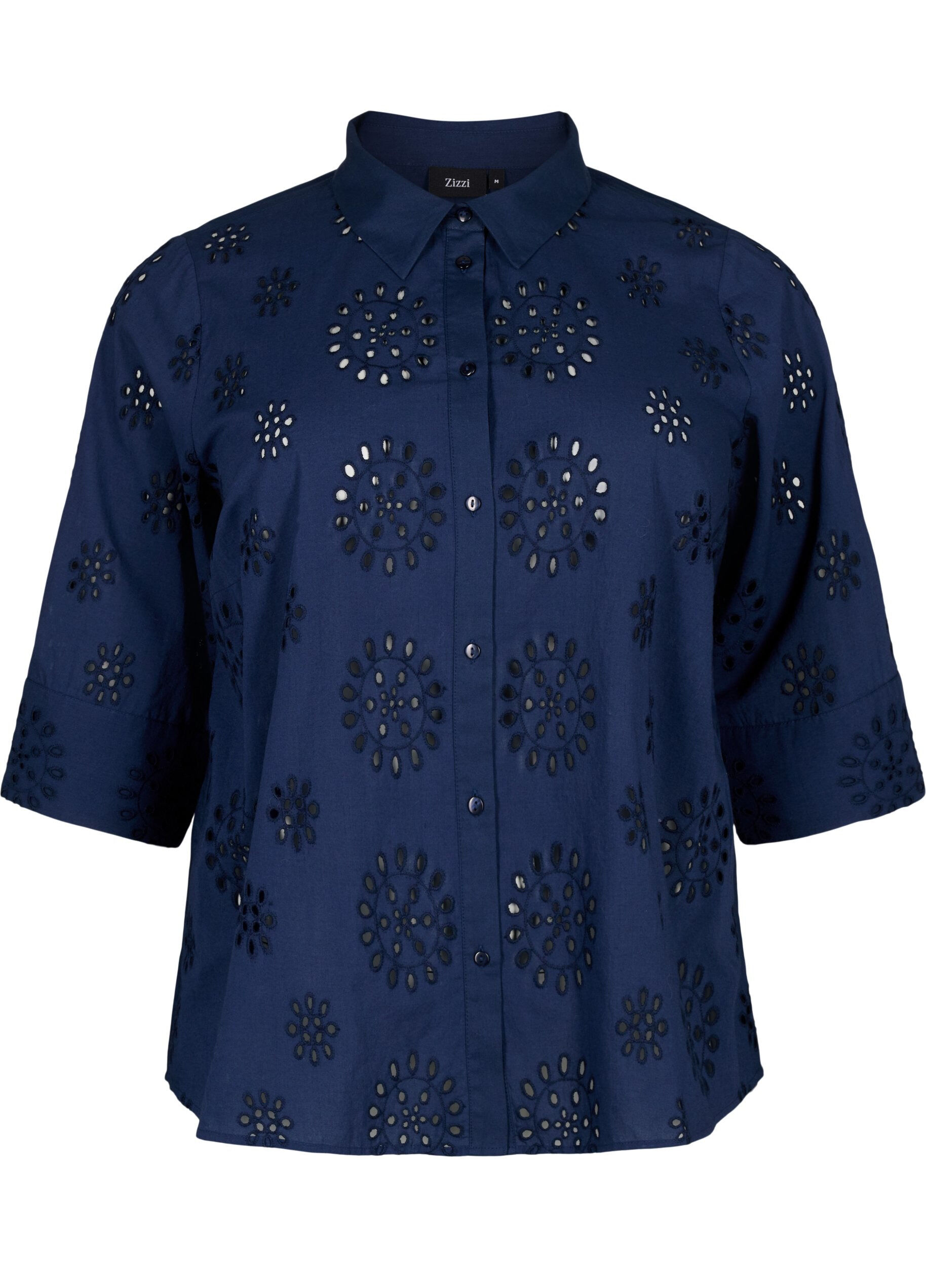 Zizzi Skjortebluse med broderi anglaise og 3/4 &aelig;rmer, Navy Blazer, Packshot image number 0