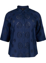 Skjortebluse med broderi anglaise og 3/4 ærmer, Navy Blazer