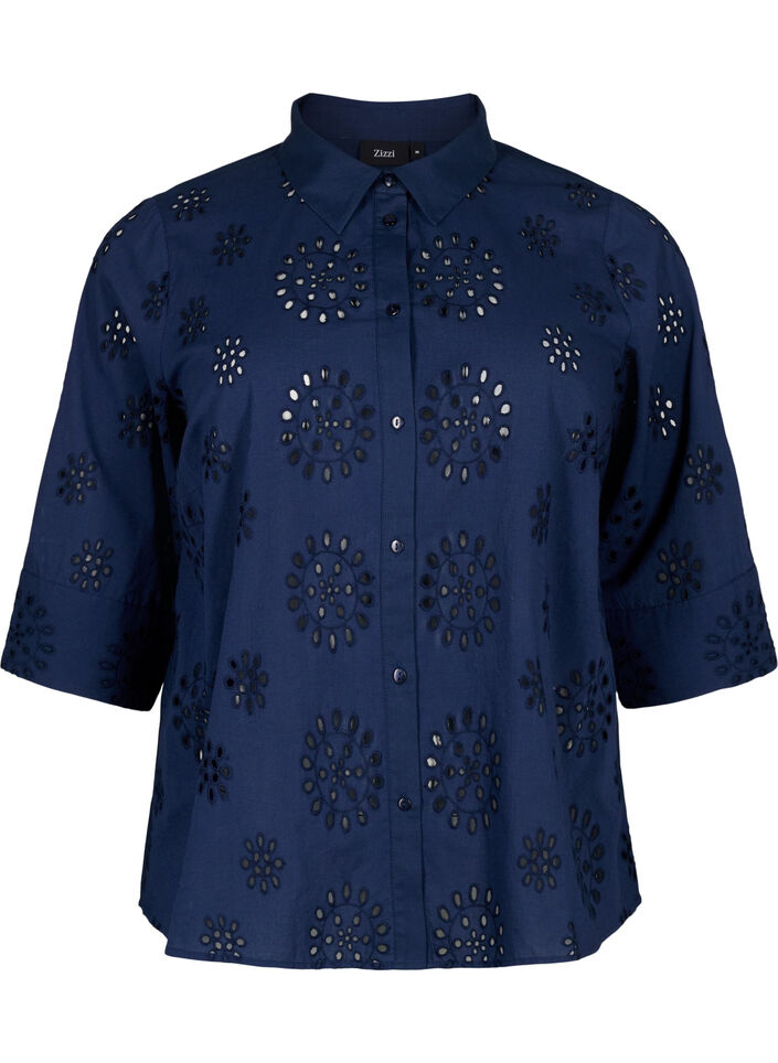 Skjortebluse med broderi anglaise og 3/4 ærmer, Navy Blazer, Packshot image number 0