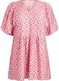 Kort kjole i viskose med empire-snit og ballon&aelig;rmer, R&oslash;d