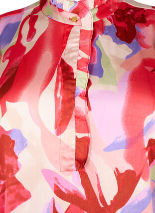 Skjortebluse i satin med print og flæsedetaljer, Geranium Graphic AOP, Packshot image number 2