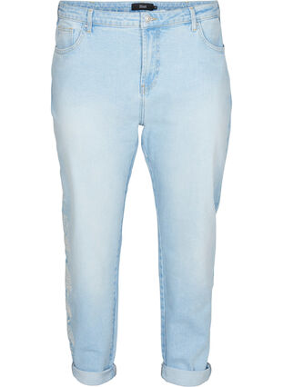 Cropped mom fit Mille jeans med broderi, Light blue denim, Packshot image number 0