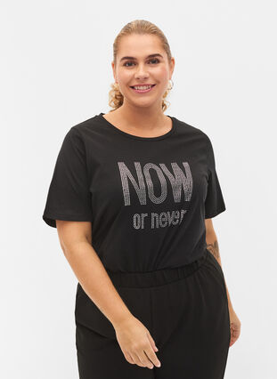 T-shirt med nitter i økologisk bomuld, Black NOW or never, Model image number 0