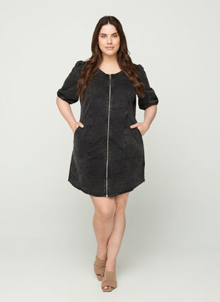 Kortærmet denim kjole med lynlås, Grey Denim ASS, Model image number 2