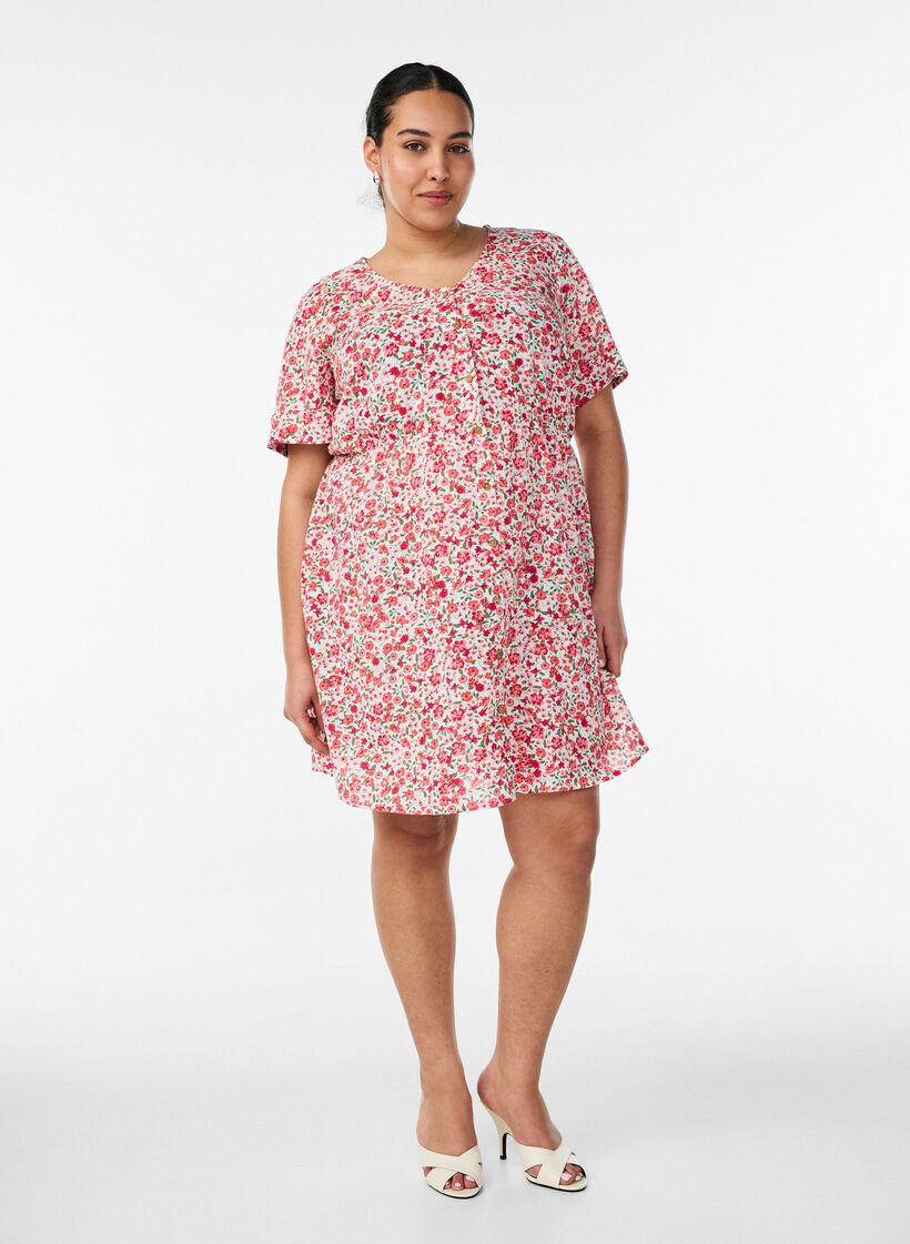 Kort kjole i bomuld med blomsterprint, R&oslash;d, Model image number 1