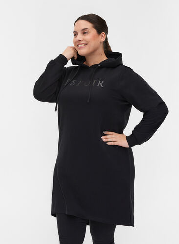 Sweatkjole med hætte og slids, Black, Model image number 0