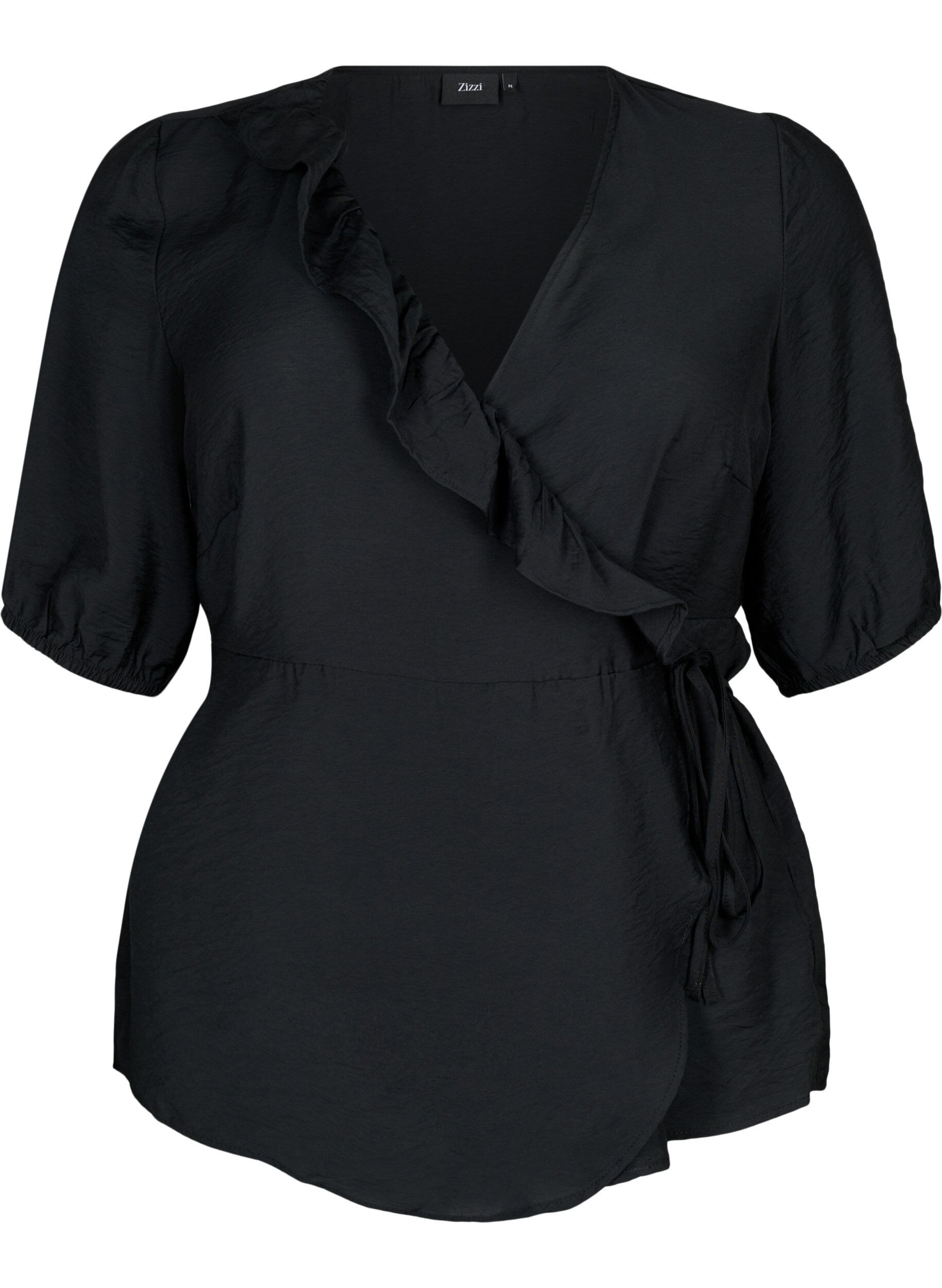 Zizzi Wrap bluse i viskose med 1/2 &aelig;rmer, Black, Packshot image number 0