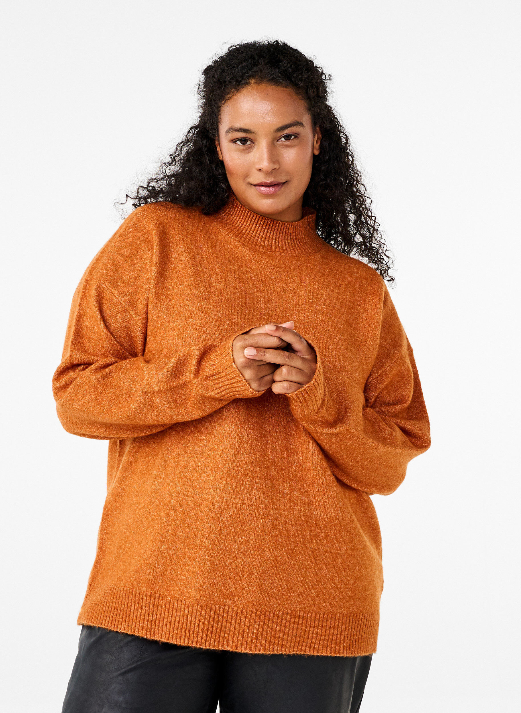 Zizzi Strikbluse med uld og h&oslash;j hals, Autumnal Mel., Model image number 0
