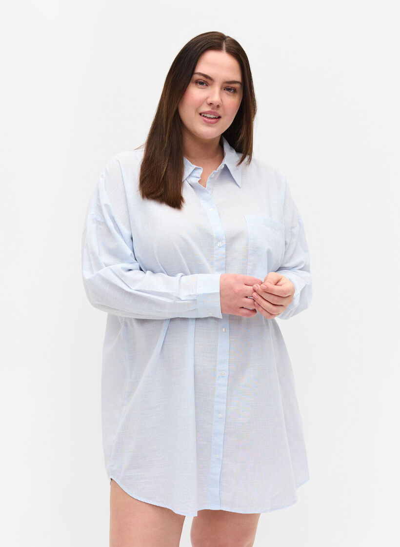 Stribet natskjorte i bomuld, White w. Blue Stripe, Model image number 0
